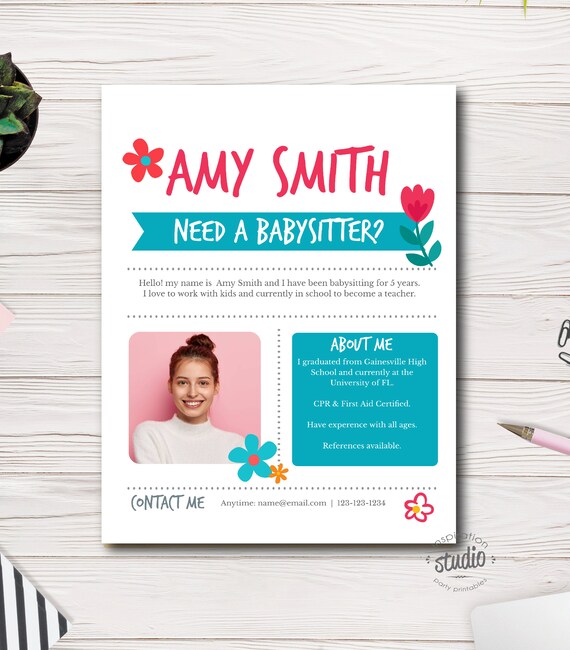 Editable Babysitter Flyer Template, Babysitter Services, Childcare Services, Easy to use template, Flowers Il_570xn