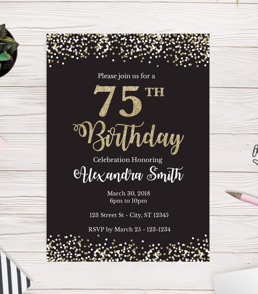 75th Birthday Invitation, 75th Birthday Invite, Black and Gold Glitter, Easy to Use Template, 2 Size Options, Edit Yourself - Etsy 75th-birthday-invitation-75th-birthday-invite-black-and-gold-glitter-easy-to-use-template-2-size-options-edit-yourself-etsy