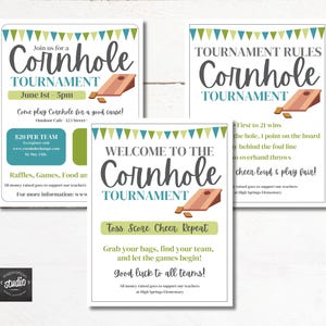 Puede incluir: Tres carteles informativos para un torneo de Cornhole. Los carteles tienen un fondo blanco con detalles verdes y azules. Incluyen las reglas del torneo, la fecha, la hora y el lugar. Los carteles también incluyen un gráfico de una tabla de cornhole.