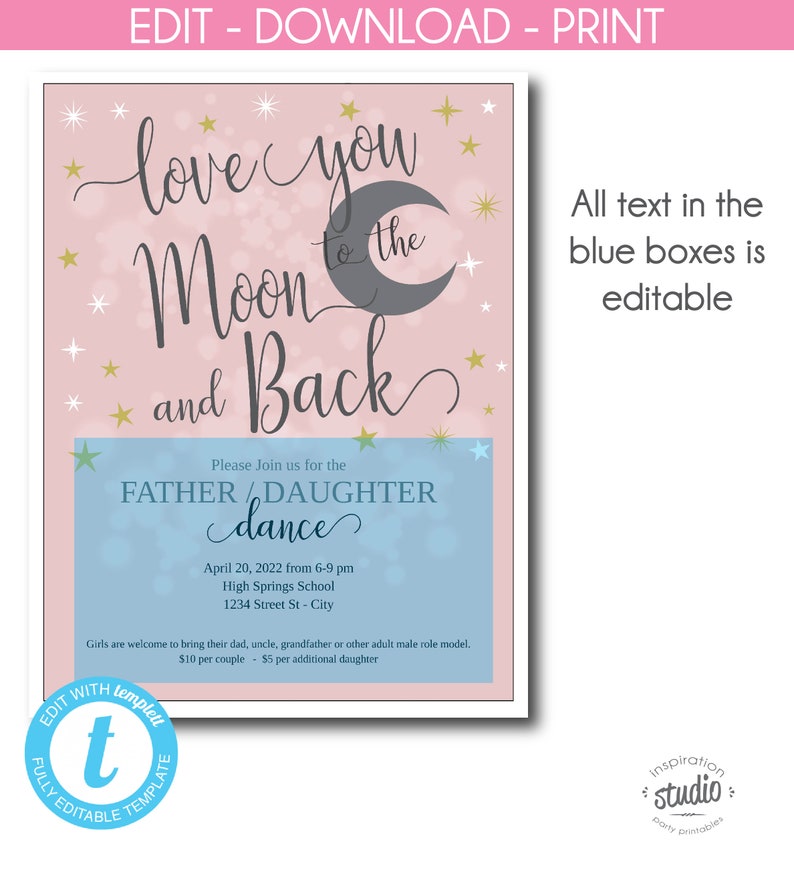 Love you to the Moon and Back Dance Father Daughter Dance Template, Daddy Daughter, Mother Son, Flyer & Save the Date, Easy to use Template image 2