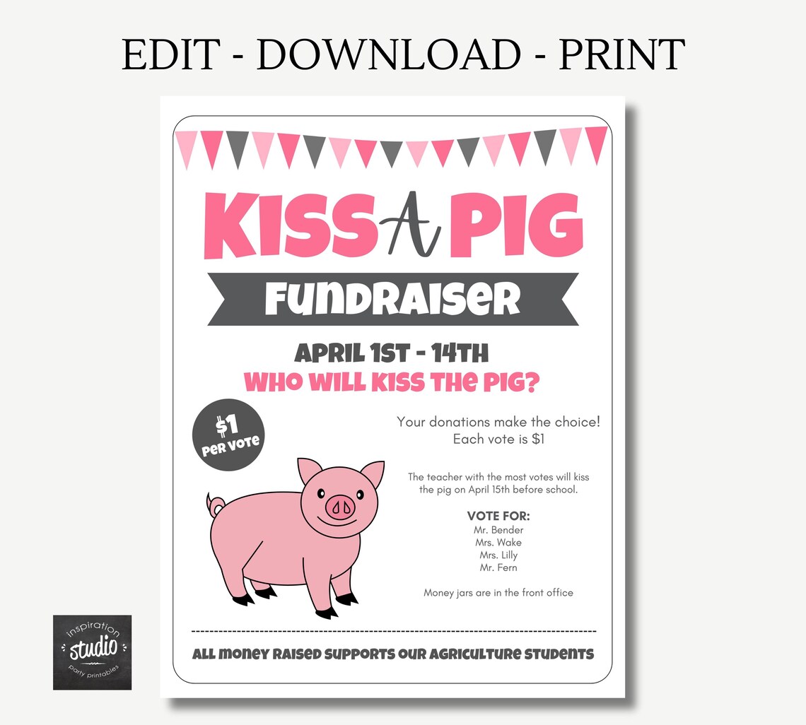 Hog Raffle Sign Kiss a Pig Event Flyer | Fun School Fundraiser Event | Agriculture ...
