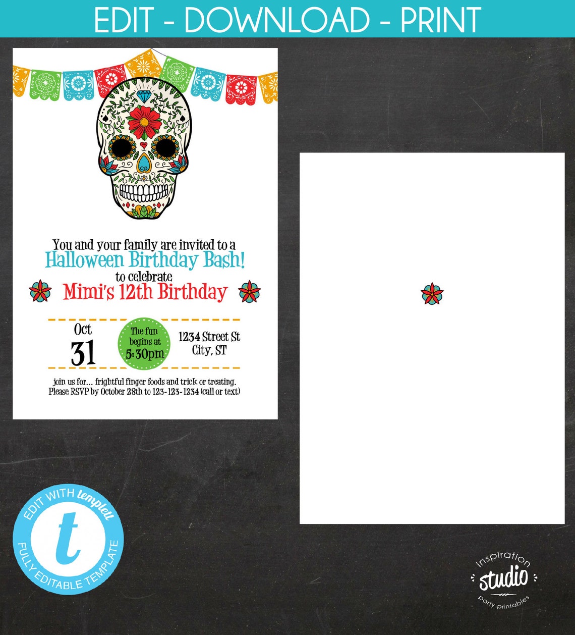 Sugar Skull Invitation Template Halloween Birthday Invite | Etsy