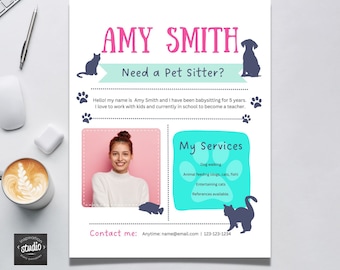 May include: A pink and blue flyer with a picture of a young woman smiling. The flyer advertises pet sitting services with the text "AMY SMITH Need a Pet Sitter?" and lists services such as dog walking, animal feeding, and entertaining cats. The flyer also includes contact information.