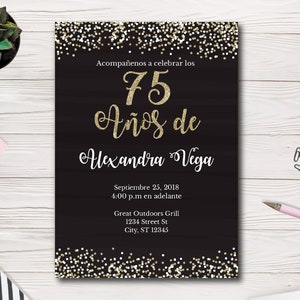 75th Birthday Invitation Template, 75  Años de, Spanish, Gold and Black Party, Adult Birthday Party, Easy to use Template