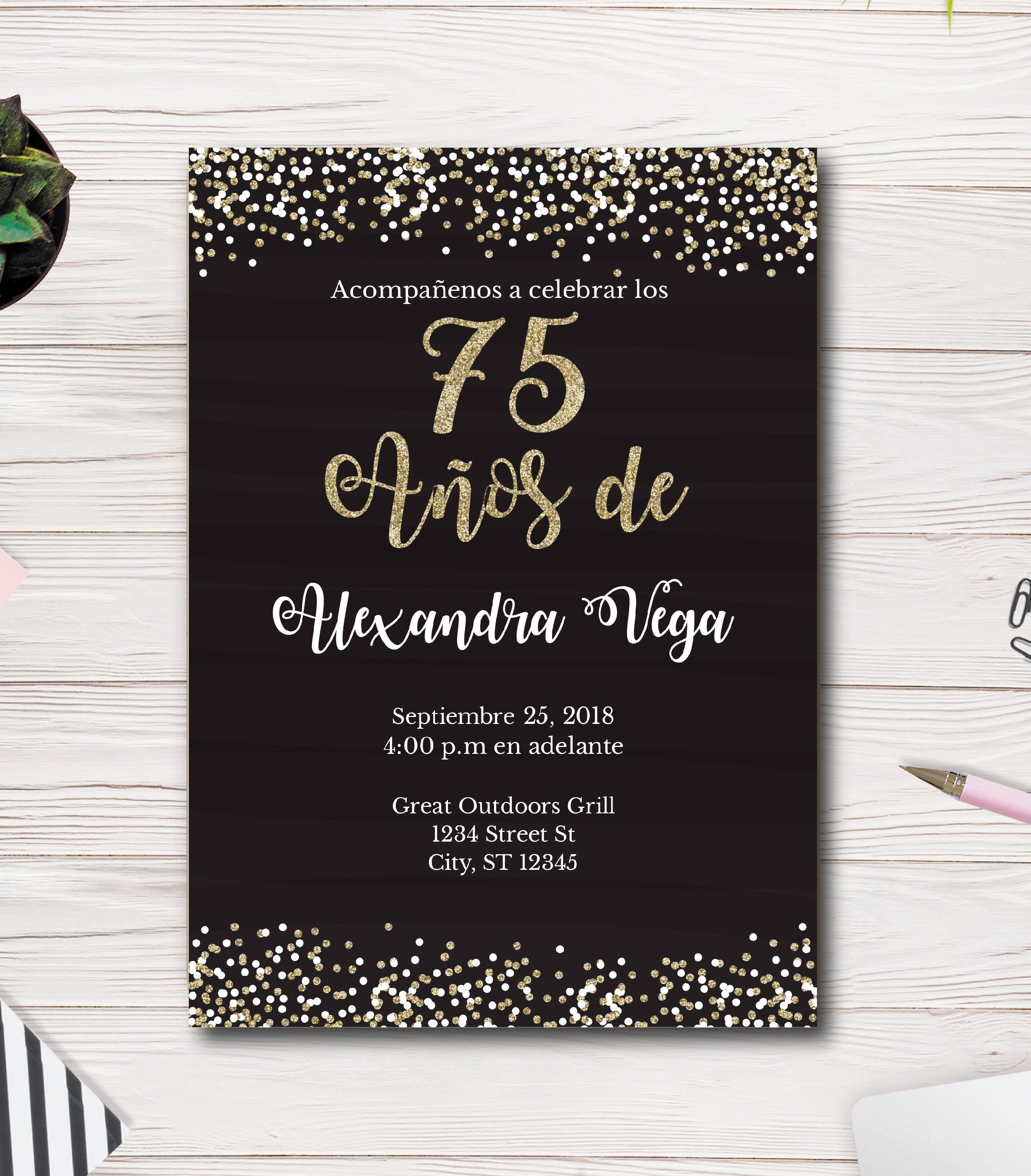 75th Birthday Invitation 75 Años de Spanish Gold and Black Etsy