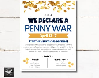 Penny War Fundraising Flyer Template | We Declare a Penny War | School Fundraiser | Easy to use Canva template | Coin Drive | PTA, PTO