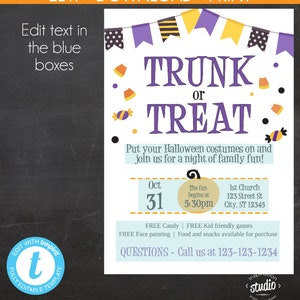 Peut inclure: Une invitation sur le th&egrave;me d'Halloween avec le texte "TRUNK or TREAT" en violet. L'invitation comprend les d&eacute;tails de l'&eacute;v&eacute;nement, tels que la date, l'heure et le lieu, ainsi qu'une invitation &agrave; se joindre &agrave; la f&ecirc;te.
