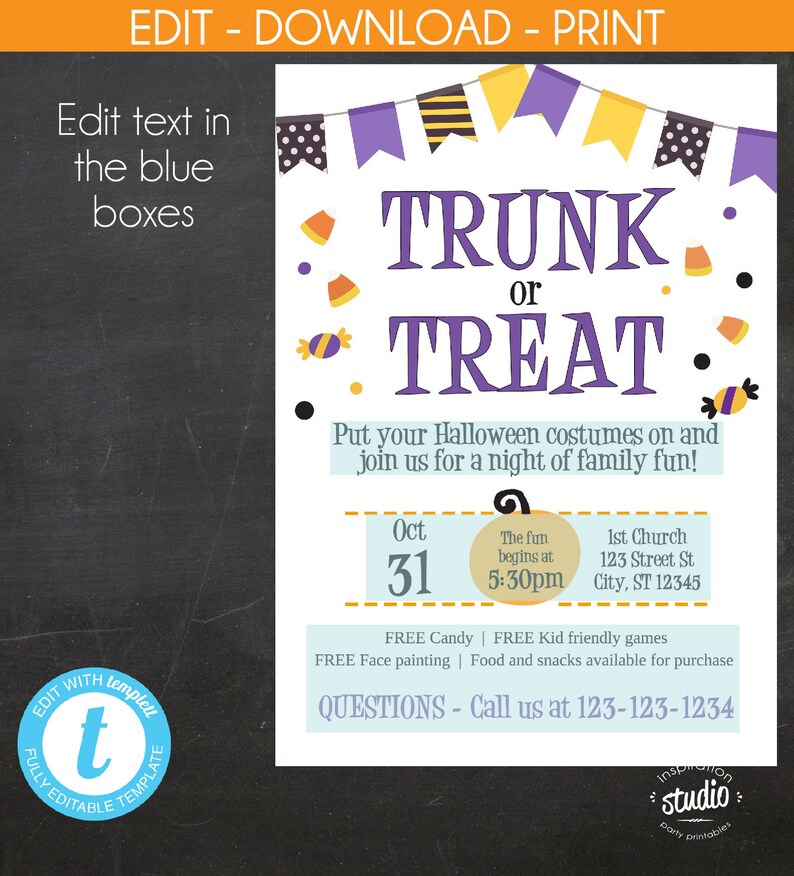 Peut inclure: Une invitation sur le th&egrave;me d'Halloween avec le texte "TRUNK or TREAT" en violet. L'invitation comprend les d&eacute;tails de l'&eacute;v&eacute;nement, tels que la date, l'heure et le lieu, ainsi qu'une invitation &agrave; se joindre &agrave; la f&ecirc;te.
