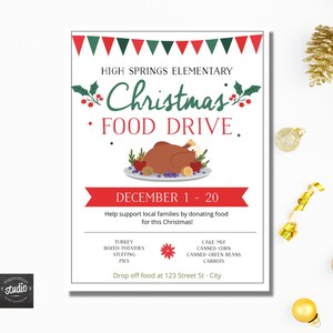 Weihnachten Food Drive Flyer Vorlage, Food Bank Event Flyer, Feiertagsessen, Wohltätigkeitsveranstaltung, PTA, PTO, Schule, Kirche, einfach zu verwendende Vorlage