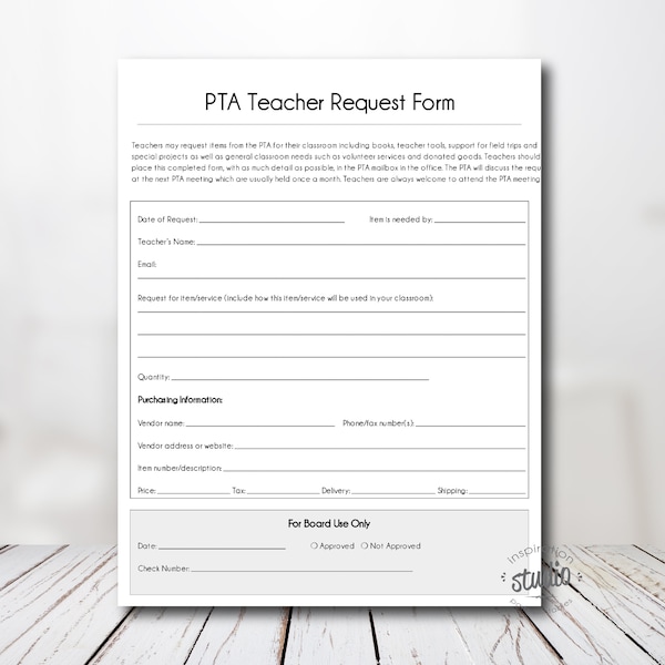 Teacher Request Form Template, PTA, PTSA, PTO Printable File, 8.5" x 11" Edit yourself, Easy to Use Template
