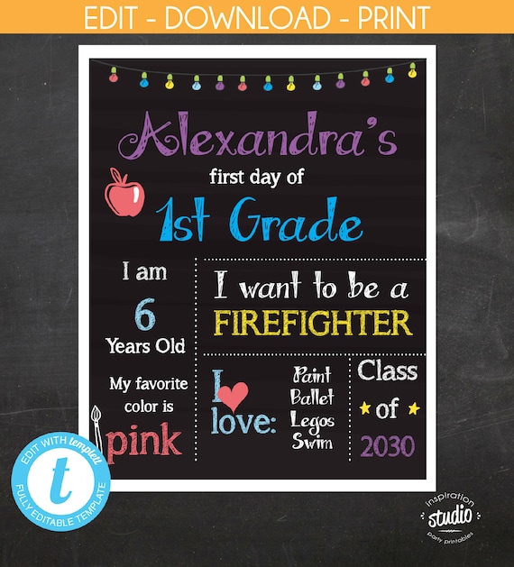 First Day of School, Chalkboard sign, First Day Poster, Back to School Sign, 8x10, 18x24, 16x 20, Printable File, Edit yourself, Template Il_570xn