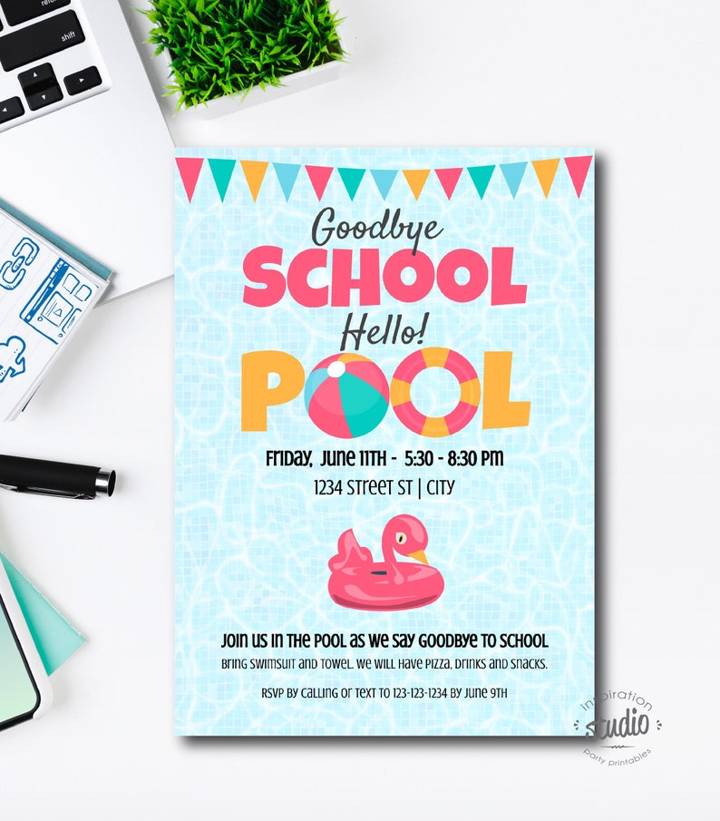 Goodbye School, Hello Pool Party Invite Template, End of the School Year Party Invite, Pool Party, Easy to Use Template