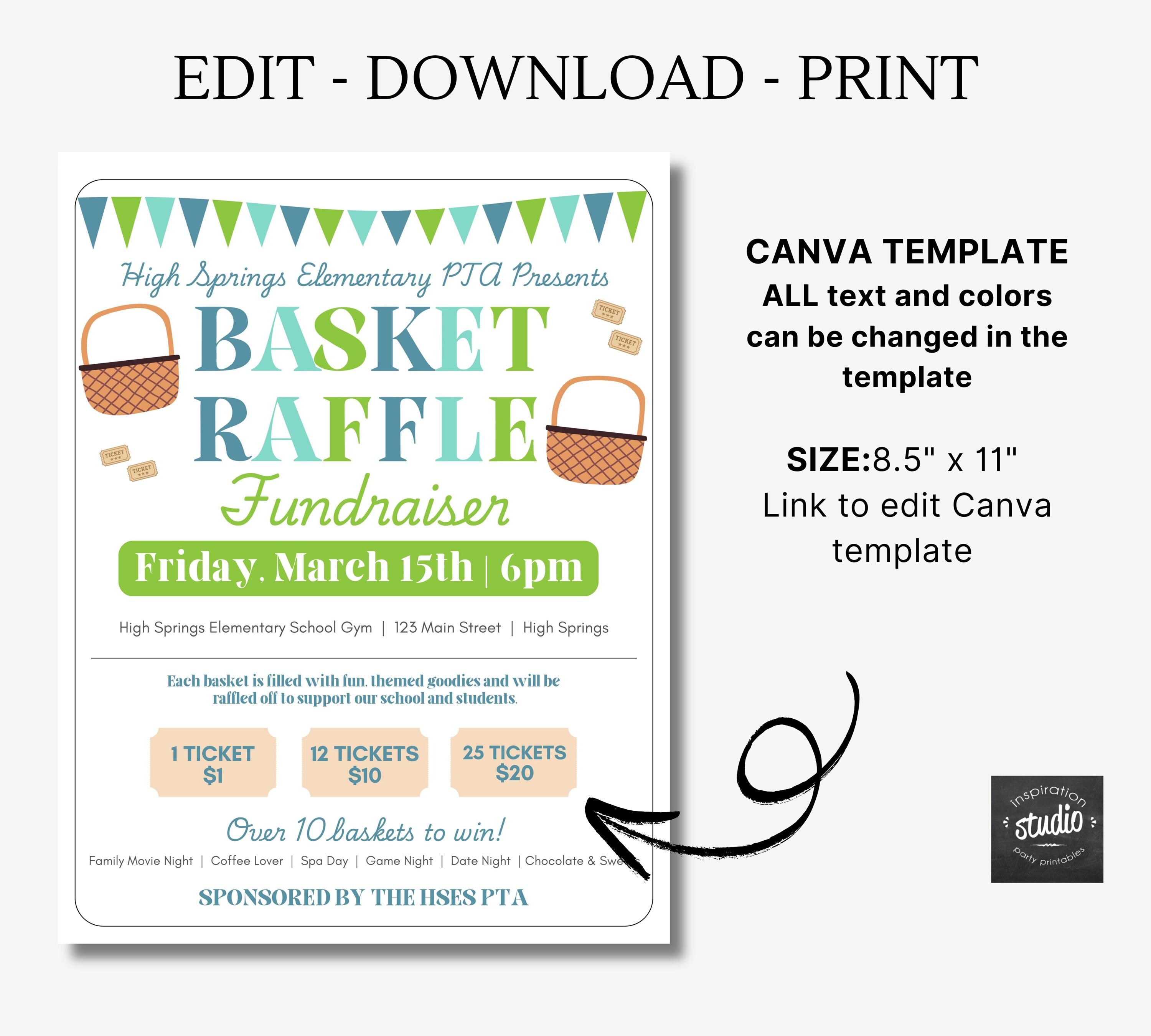 Gift Basket Raffle Flyer Printable | School Fundraiser Ticket Sales ...