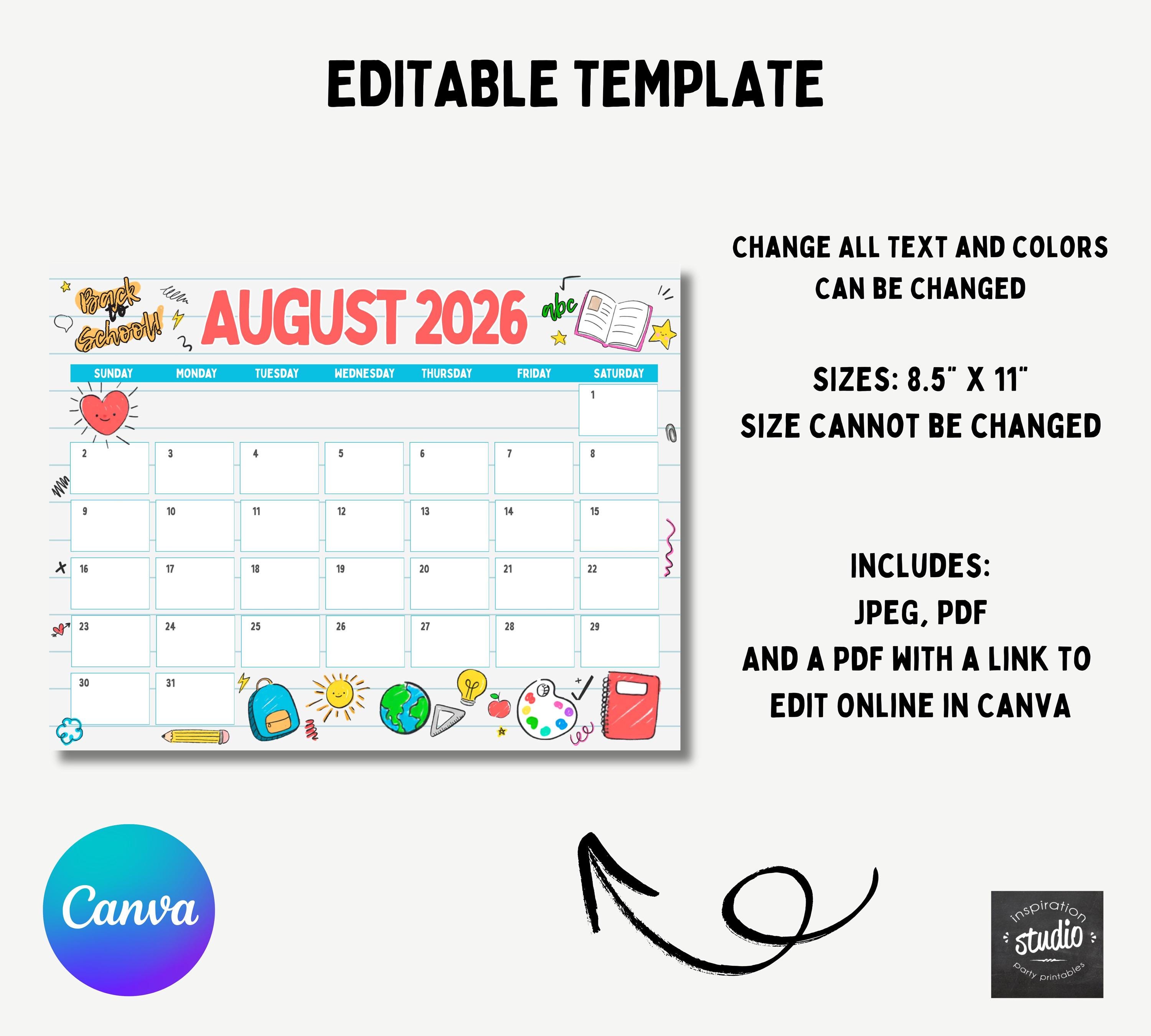 Printable August 2026 Calendar | School Doodle Theme Editable Canva ...