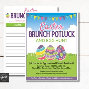 Op de afbeelding: Uitnodiging voor een Paasbrunch Potluck en Eierjacht. Het ontwerp toont kleurrijke paaseieren, een banner en tekst. De uitnodiging bevat evenementdetails zoals datum, tijd en locatie. Er is een aanmeldformulier beschikbaar.