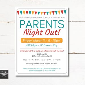 Parents Night Event Flyer Template | Babysitting Flyer Template | School Event Flyer |  Easy to use Canva | PTA, PTSA, PTO