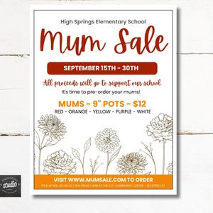 Fall Mum Sale Fundraiser Flyer Template | School Fundraiser Flyer | Chrysanthemum Flyer | Easy to edit in Canva