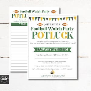 May include: Two white invitation cards for a football watch party. The main card has text in green, yellow, and black, including "Football Watch Party" and "Potluck." The second card is a sign-up sheet.