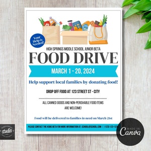 Editable Community Food Drive Flyer Template | Canned Food Drive | Grocery Donation | Charity Non Profit | Easy to use Canva Template