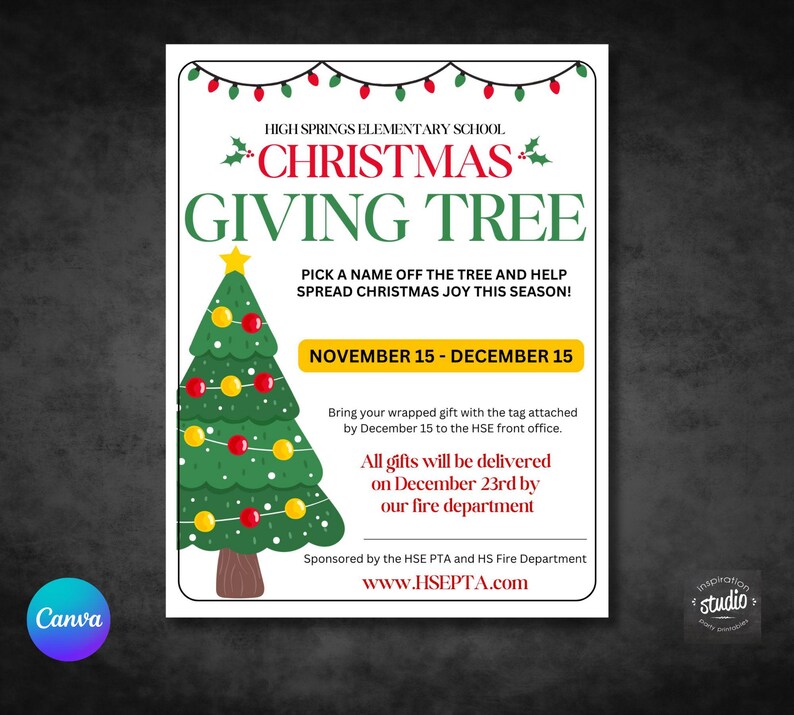 Christmas Giving Tree Flyer and Tags Canva Template Toy Drive Flyer
