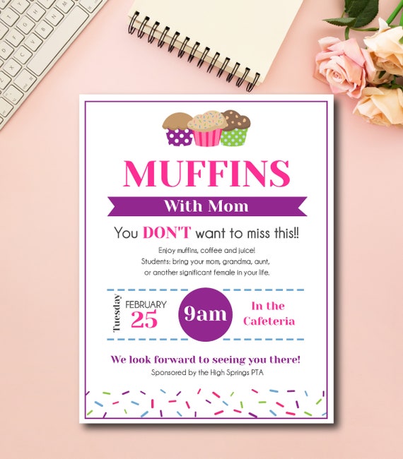 Muffins with Mom Flyer, Flyer, PTA, PTO, School Event Flyer, Mom Appreciation, Mother's Day Brunch, Easy to use template Il_570xn