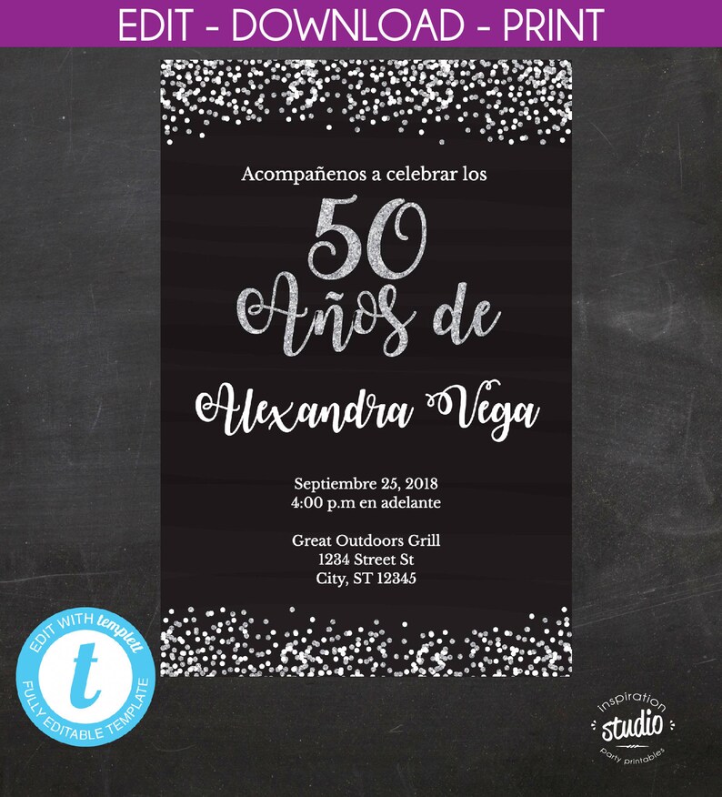 50th Birthday Invitation, 50 Años de, Spanish, Black and silver glitter, Instant Template, edit yourself, templett, 5"x7" and 4"x6