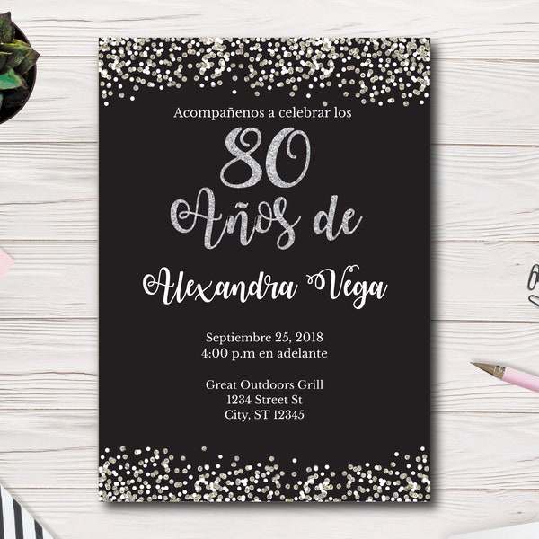 80e verjaardag uitnodiging sjabloon, 80 Años de, Spaans, zwart en zilver glitter, Instant sjabloon, zelf bewerken