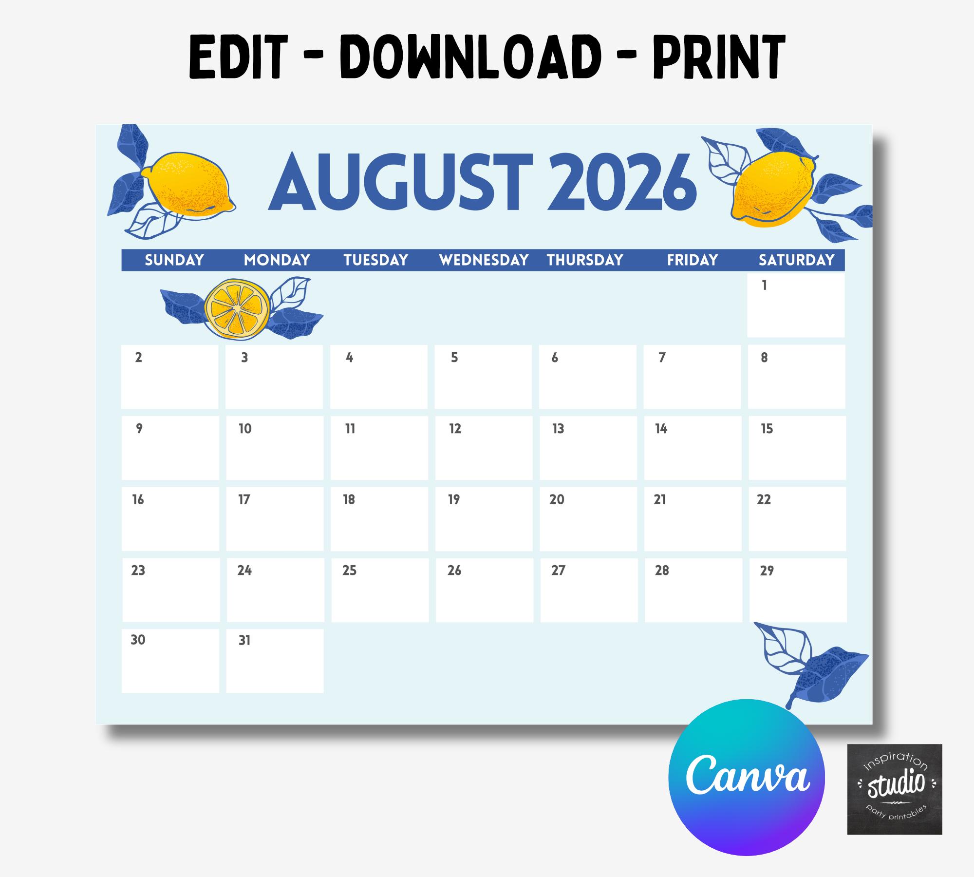August 2026 Calendar | Editable Canva Template Lemon Fresh ...