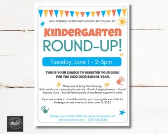 Editable Kindergarten Round-Up Event Flyer Template | Kindergarten Enrollment Flyer | Printable School PTO PTA Flyer | Canva Template