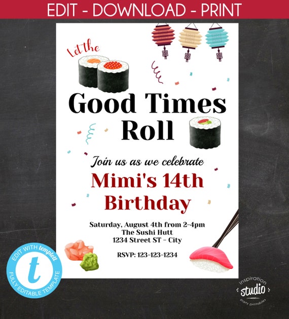 sushi party invitation tween or teen birthday party easy to use template tween birthday party invitations