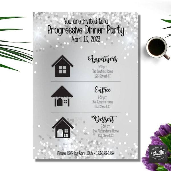 Progressive Dinner Party Invite Template | 3 Houses | Neighborhood Dinner Party | Three Locations | Potluck dinner | Easy to use Template