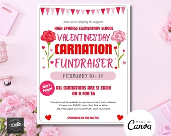 Valentine's Day Carnation Flower Fundraiser Flyer | Flower Sale | Community, PTA, High School, or Church Fundraiser | Easy to Edit on Canva