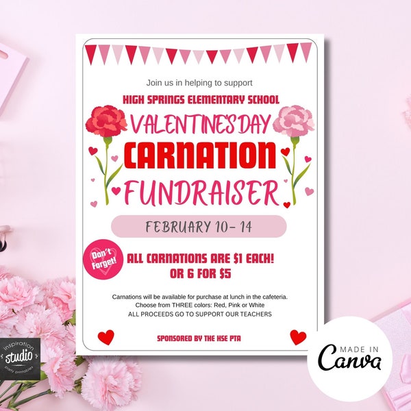 Valentine's Day Carnation Flower Fundraiser Flyer | Flower Sale | Community, PTA, High School, or Church Fundraiser | Easy to Edit on Canva