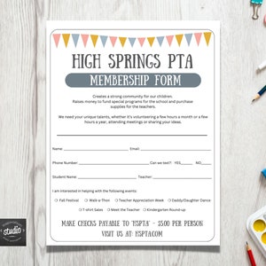 PTA, PTSA, PTO Membership Form Printable Template | Registration Form | Volunteer Sign Up | Back to School | Easy to use Canva Template