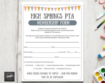 PTA, PTSA, PTO Membership Form Printable Template | Registration Form | Volunteer Sign Up | Back to School | Easy to use Canva Template