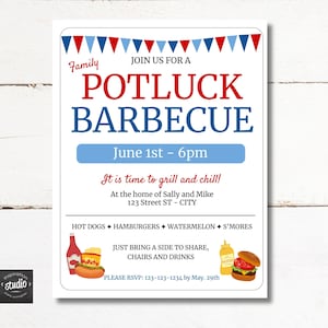 Op de afbeelding: Een rood, wit en blauwe uitnodiging voor een familiepotluckbarbecue. De uitnodiging heeft een banner met rood, wit en blauwe vlaggetjes, de woorden "Family Potluck Barbecue" in rood en blauw, en de datum "June 1st - 6pm" in blauw. De uitnodiging bevat ook een lijst met etenswaren om mee te nemen, zoals hotdogs, hamburgers, watermeloen en s'mores.