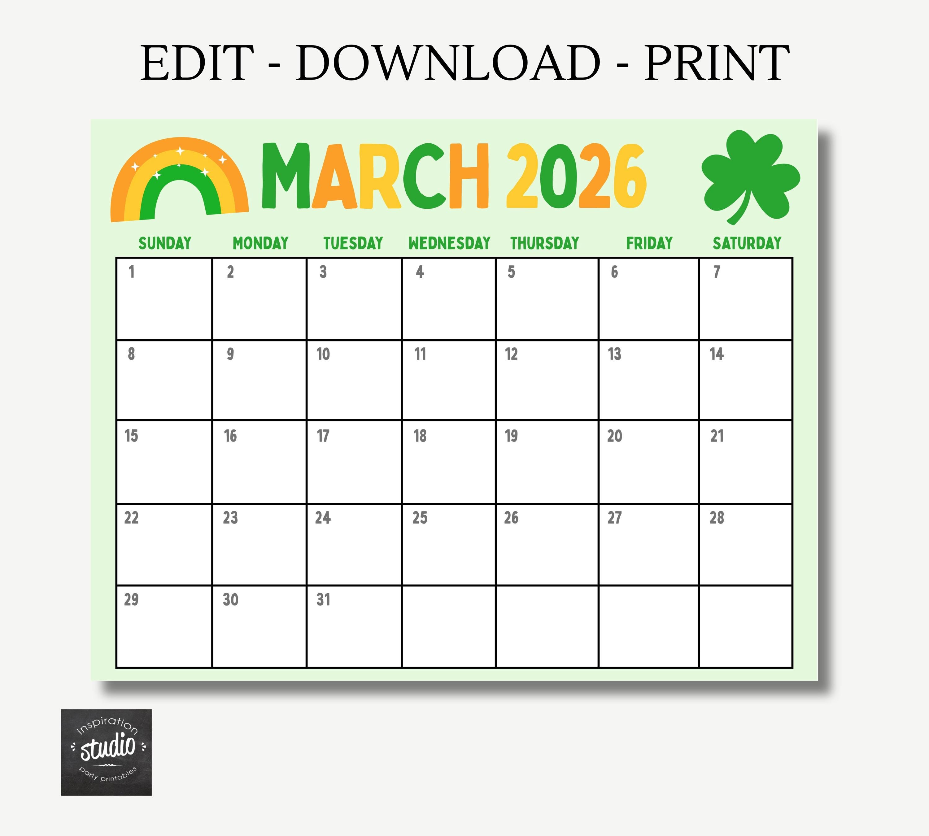 Editable March 2026 Calendar | Monthly Planner Printable PDF | School ...