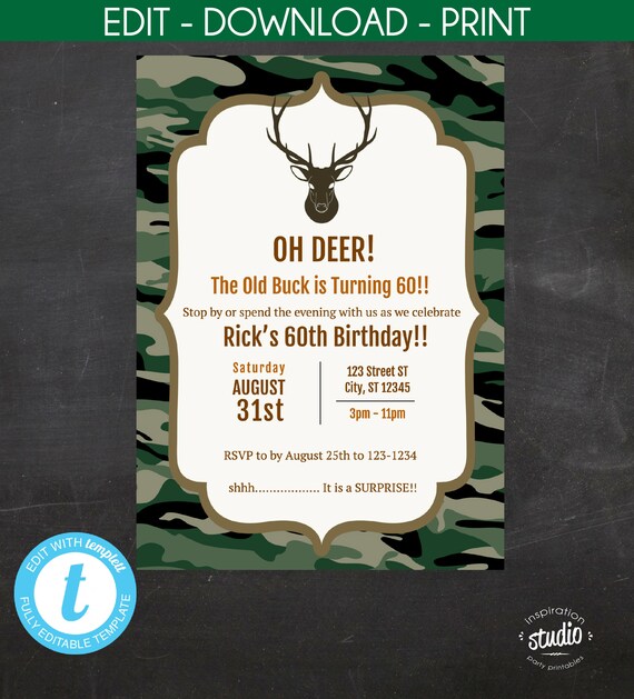 Camouflage, Oh Deer, The old buck is turning.... custom birthday invite, Adult Invite Custom Printable, Edit yourself, Templett, template Il_570xn