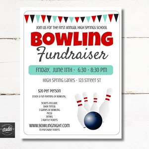 Bowling Night Fundraiser Flyer Vorlage | Familien Bowling-Event | PTA PTO Kirche Gemeinschaft Benefiz | Einfach zu verwendende Canva Vorlage