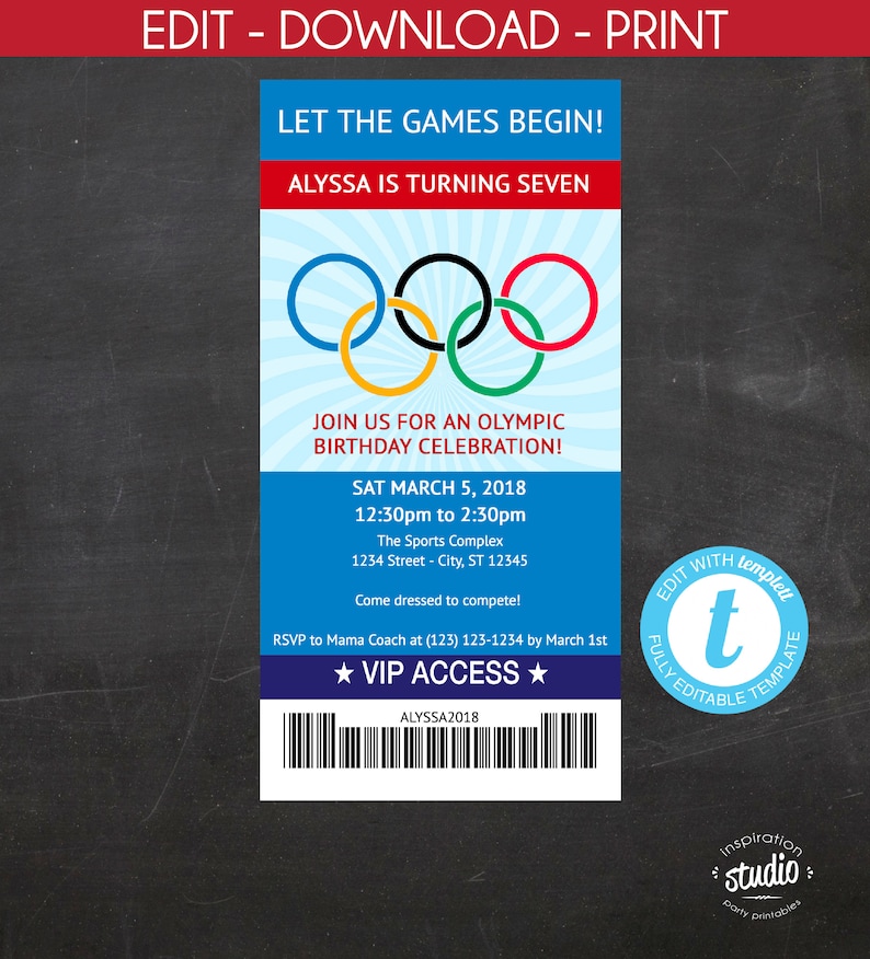 Olympics Ticket Birthday Invite Let the Games Begin Custom ...