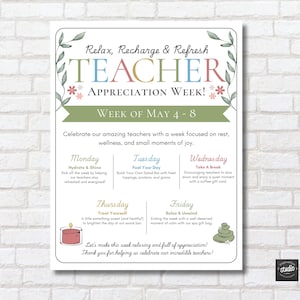 May include: A Teacher Appreciation Week poster with a white background and a brick wall backdrop. The poster features text and graphics, including floral elements and a candle. The text reads "Relax, Recharge & Refresh TEACHER APPRECIATION WEEK!" and lists daily activities.