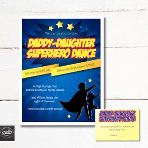 DIY bearbeitbare Superheld-Vati-Tochter-Tanzveranstaltungsvorlagen | Druckbares Paket für Papa Tochter Tanz | Tickets, Flyer und Poster