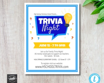 Trivia Night Fundraiser Flyer | Editable Template for School and Church Game Nights