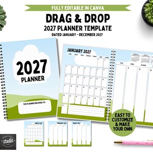 Könnte beinhalten: Ein 2027 Spiralplaner-Template mit einem Cover-Design aus hellblauem Himmel und grüner Landschaft. Die Innenseiten zeigen einen Monatskalender für Januar 2027 und ein Wochenlayout. Der Text umfasst FULLY EDITABLE IN CANVAS, 2027 PLANNER und DATED JANUARY - DECEMBER 2027.