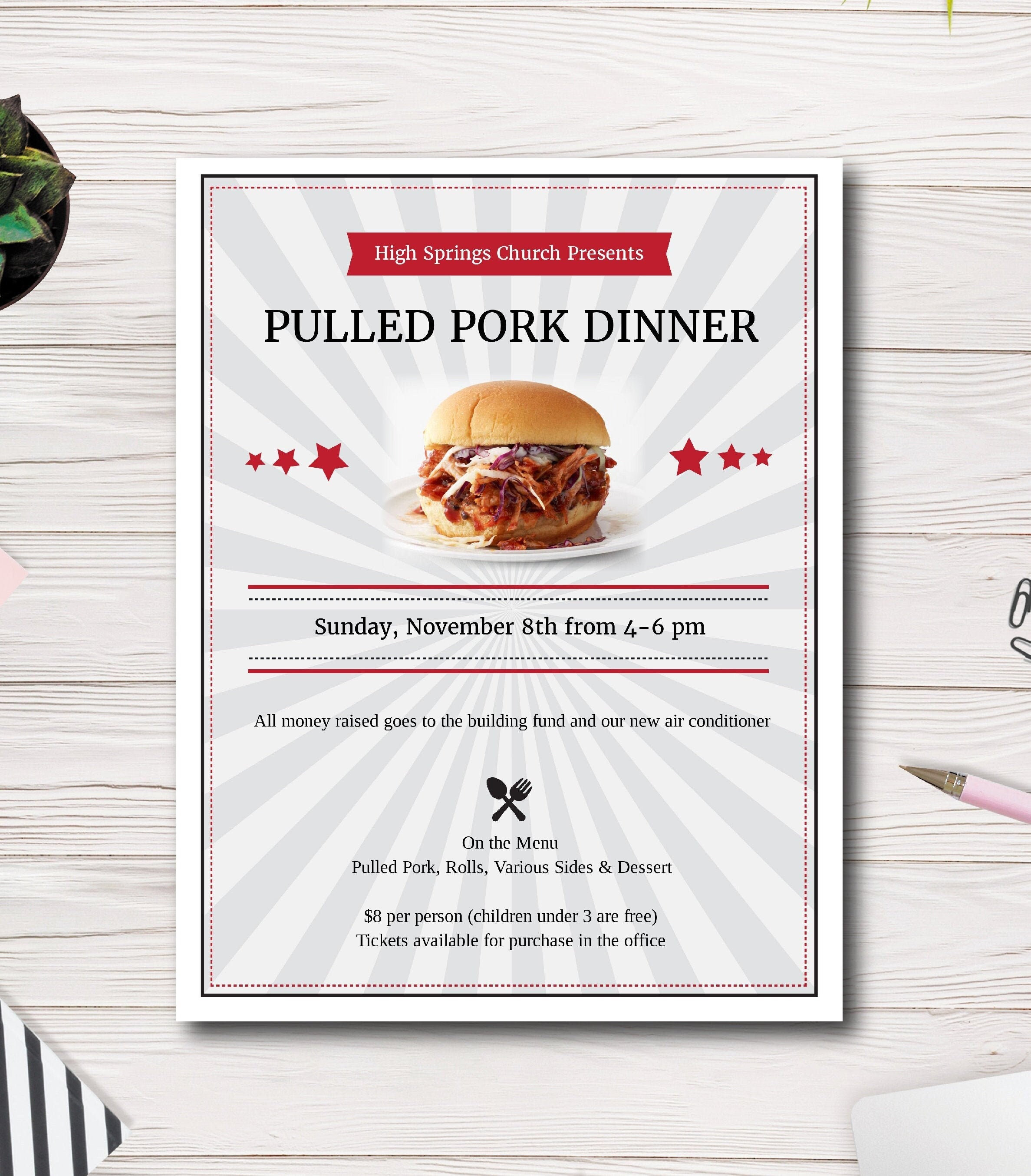 Pulled Pork Fundraiser Flyer Template, Barbecue Dinner Fundraiser Flyer, BBQ Night, PTA, PTO, School, Church, Easy to use template