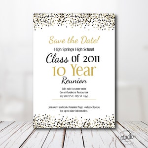 Reunião de ensino médio, salve a data, reunião de faculdade, confete, convite para impressão, modelo fácil de usar, glitter branco, preto e dourado