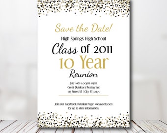High School Reunion Save the Date, College Reunion, Confetti, Printable Invitation, Easy to use Template, White, Black and gold glitter