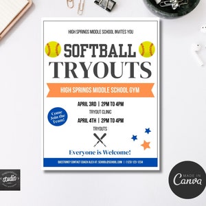 Bewerkbare sjabloon folder softbalteam | Gepersonaliseerde proefregistratie | DIY canvassjabloon