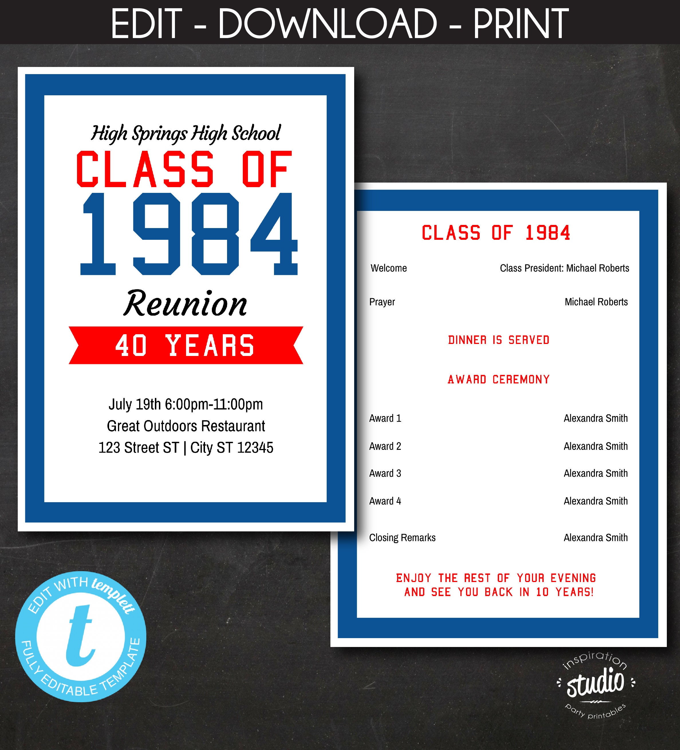 High School Reunion, College Reunion, Printable Program - Double Sided ...