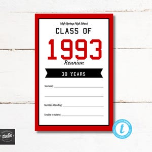 May include: A red-bordered invitation for the High Springs High School Class of 1993 reunion. The design features the text "CLASS OF 1993" in bold red letters, with "Reunion" below and "30 YEARS" in a black banner. Includes fillable fields.